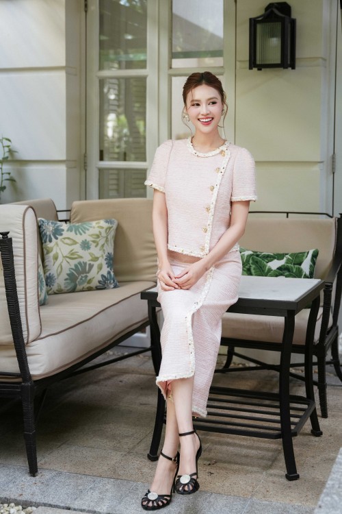 Sixdo Salmon Tweed Pencil Skirt