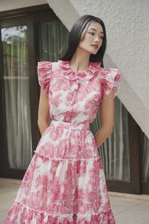 Sixdo Pink Peony Organza Blouse