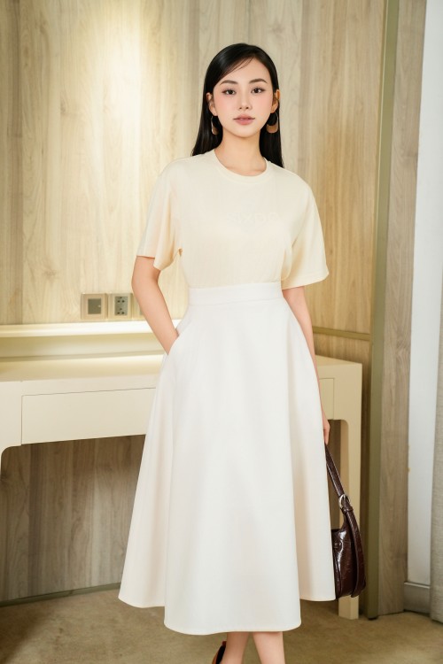 Sixdo Cream Woven Flared Skirt