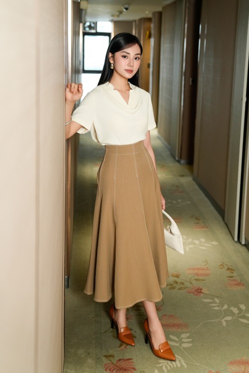 Sixdo Dark Cream V-Neck Woven Top