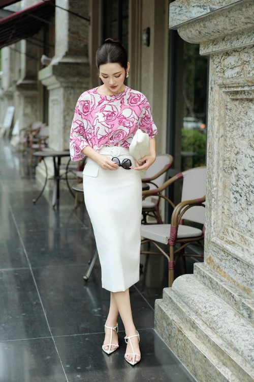 Sixdo Cream Woven Pencil Skirt