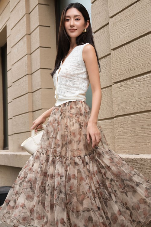 Beige Mesh Flared Skirt