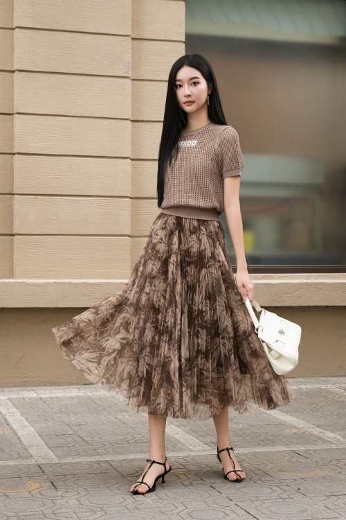Brown Mesh Flared Skirt
