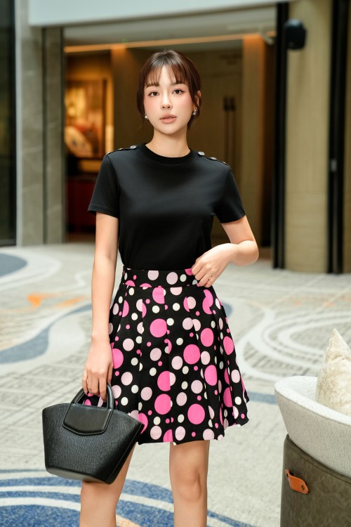 Sixdo Black & Pink Polka Dot Mini Raw Skirt