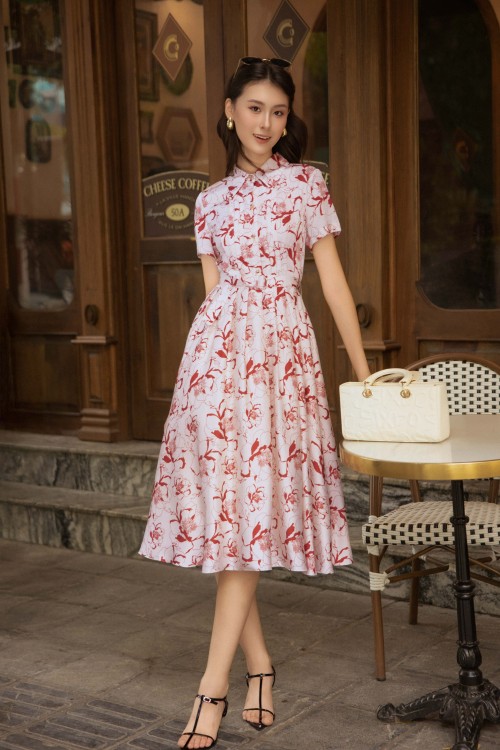 Cream Silk Flared Dress