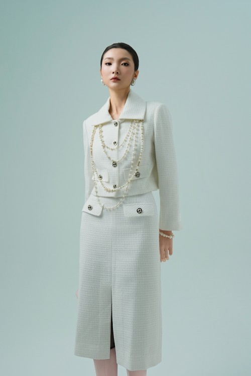 Sixdo White Midi Tweed Skirt