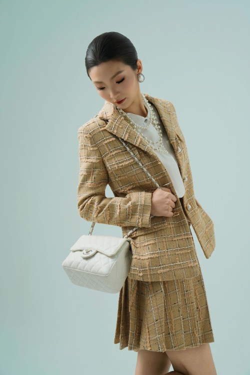 Sixdo Dark Beige Check Midi Tweed Skirt