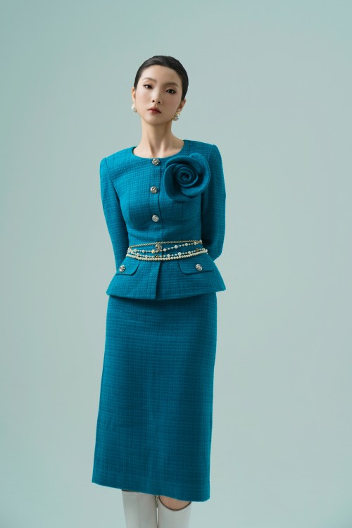 Sixdo Mallard Green Straight Midi Tweed Skirt