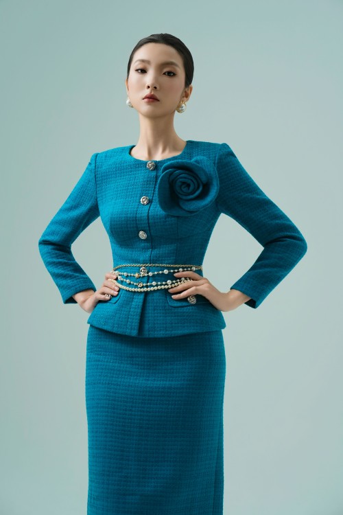 Sixdo Mallard Green Tweed Vest With Flower