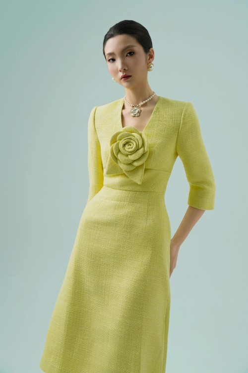 Sixdo Neon Yellow Midi Tweed Dress With Flower
