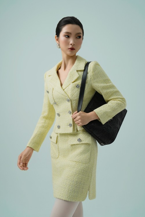 Sixdo Light Yellow Cropped Tweed Vest