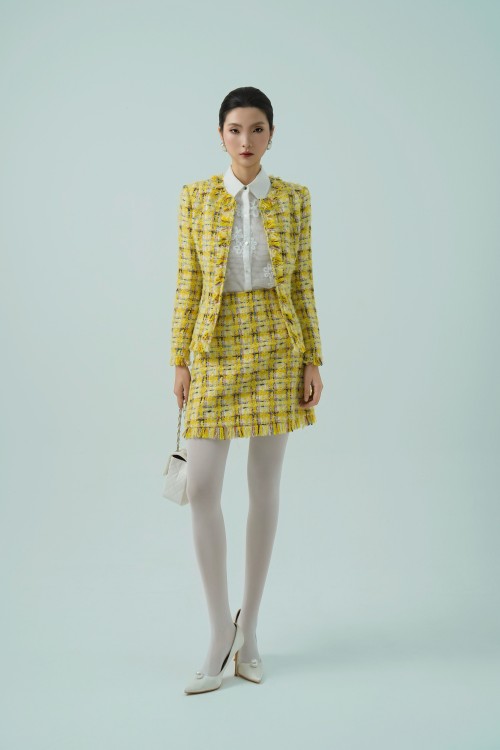 Sixdo Yellow Check Long Sleeves Tweed Vest