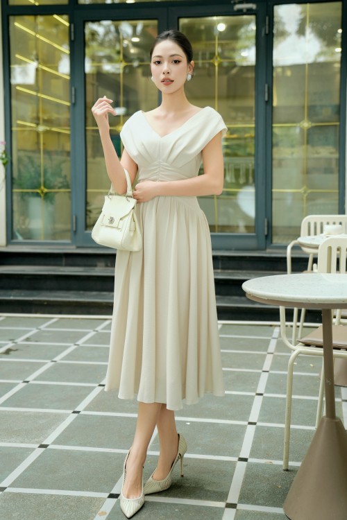 Sixdo Cream Woven Flared Dress