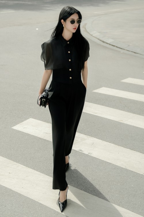 Sixdo Black Woven Loose Pants