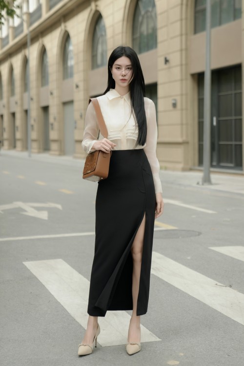 Sixdo Black Woven Pencil Skirt