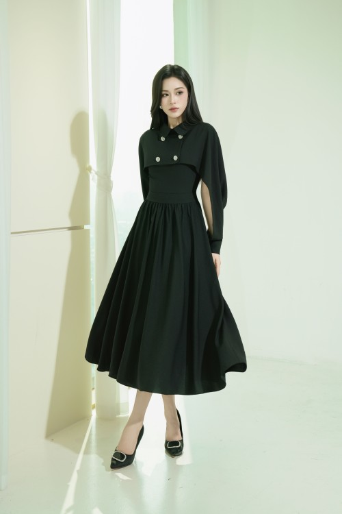 Sixdo Black Woven Flared Dress