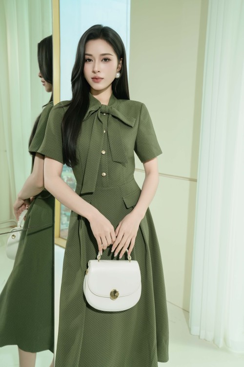 Sixdo Moss Green Woven Flared Dress