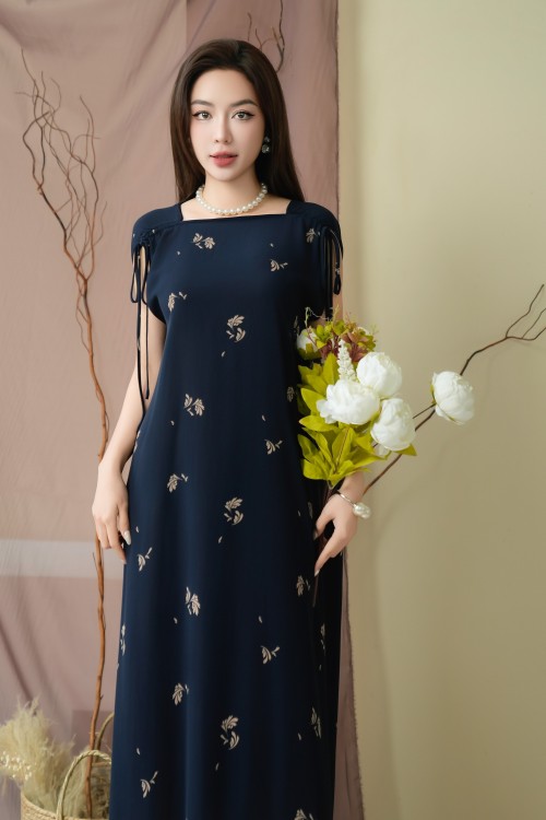 Sixdo Dark Navy Floral Flared Dress