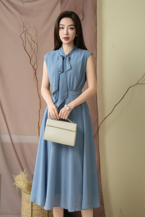 Sixdo Blue Stripe Chiffon Flared Dress