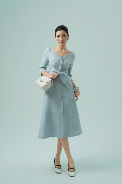 Sixdo Light Blue Midi Tweed Dress