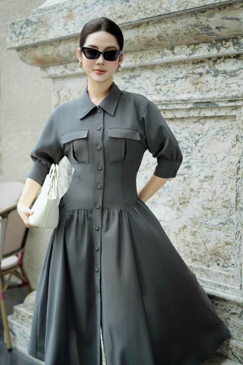 Sixdo Dark Olive Green Woven Flared Dress