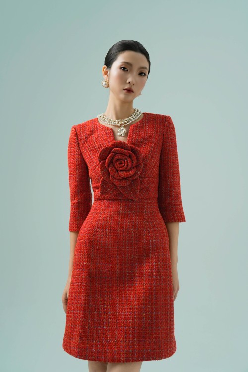 Sixdo Red Orange Mini Tweed Dress With Flower