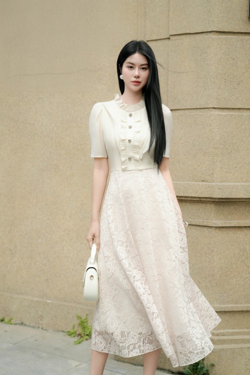 Sixdo Beige Organza Flared Dress