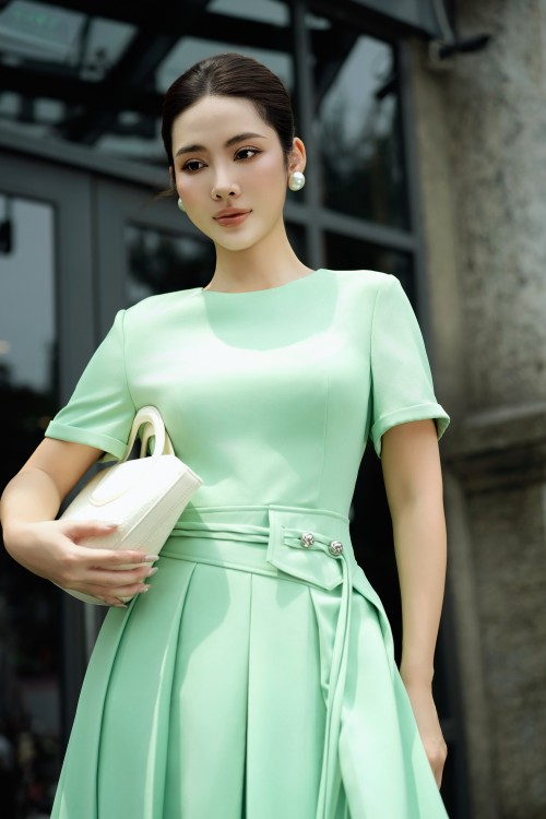Sixdo Green Woven Flared Dress