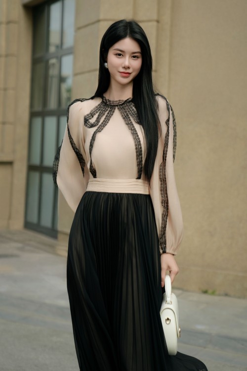 Sixdo Light Brown Organza Flared Dress