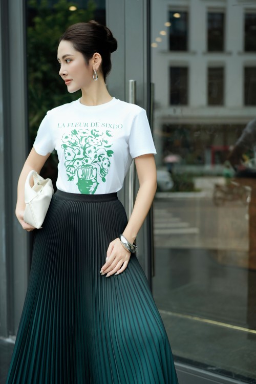 Sixdo Black & Green Pleated Flared Skirt