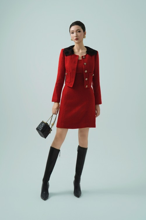 Sixdo Red Long Sleeves Tweed Vest 2