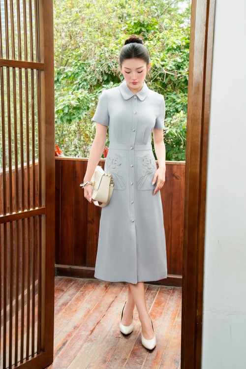 Sixdo Gray Floral Embroidery Raw Flared Dress