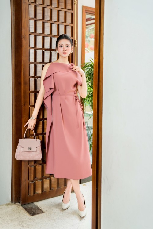 Sixdo Dusty Rose Silk Flared Dress