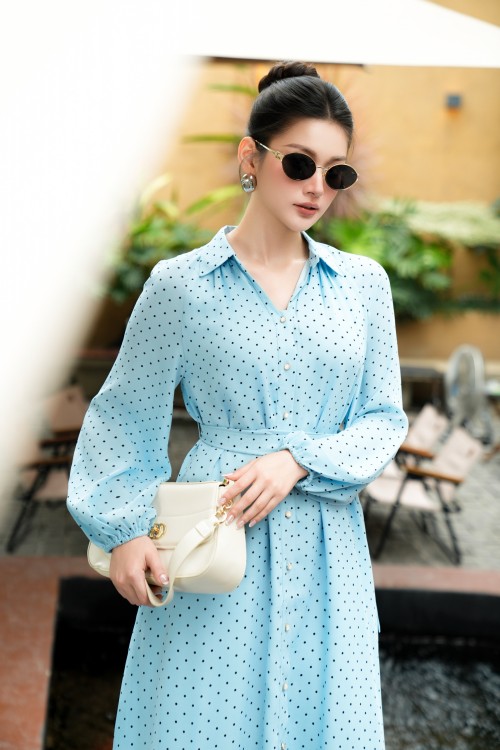 Sixdo Blue Polka Dot Midi Chiffon Dress