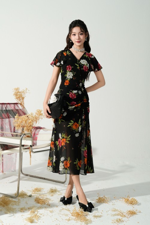 Sixdo Black Floral Chiffon Flared Dress 3