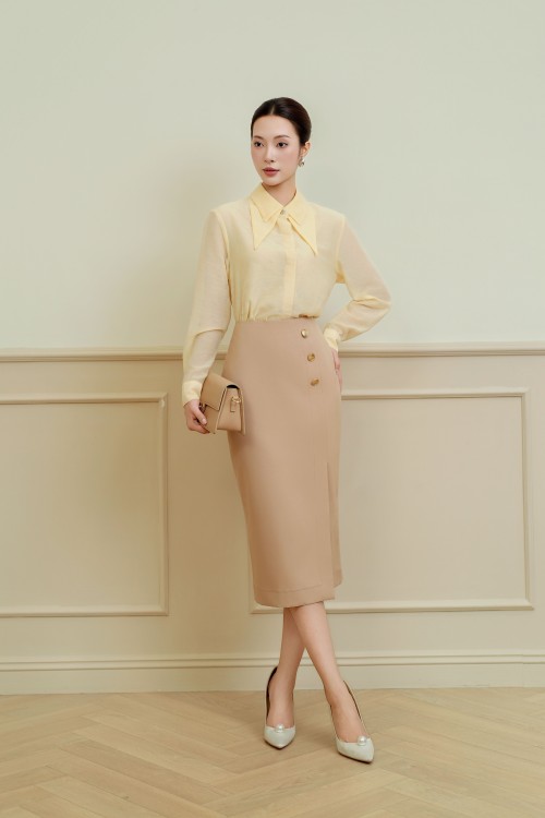 Sixdo Delicate Yellow Woven Midi Skirt