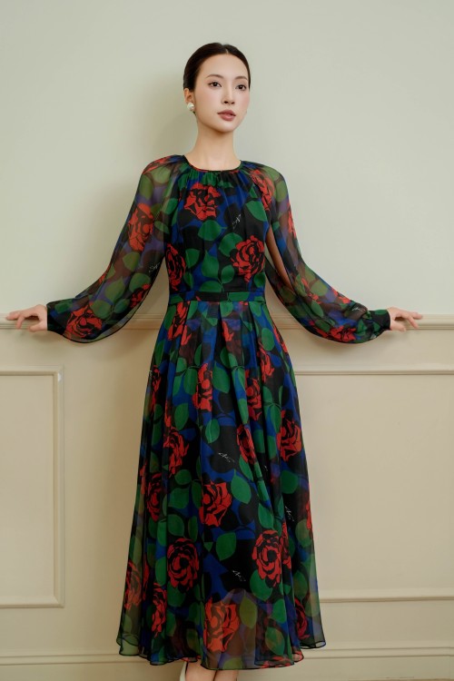 Sixdo Black Floral Voile Flared Dress