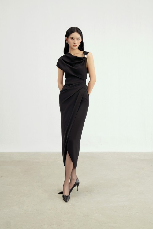 Sixdo Black Silk Sarong Dress