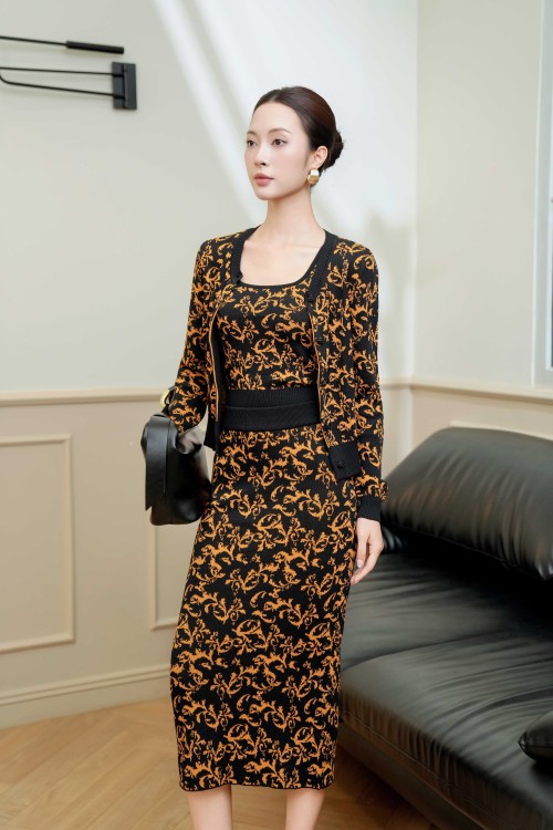 Sixdo Black Top Cardigan Sweater And Midi Skirt Set