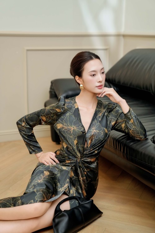 Sixdo Black Floral Silk Sarong Dress