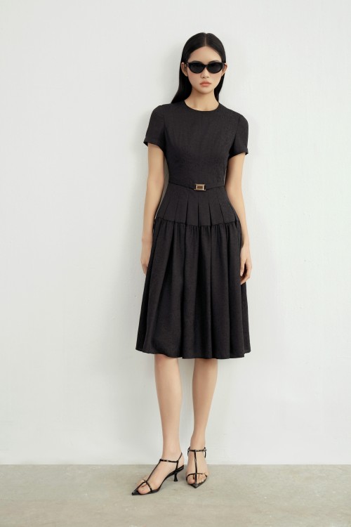 Sixdo Black Brocade Flared Dress