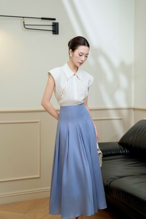 Sixdo Blue-grey Organza Flared Skirt