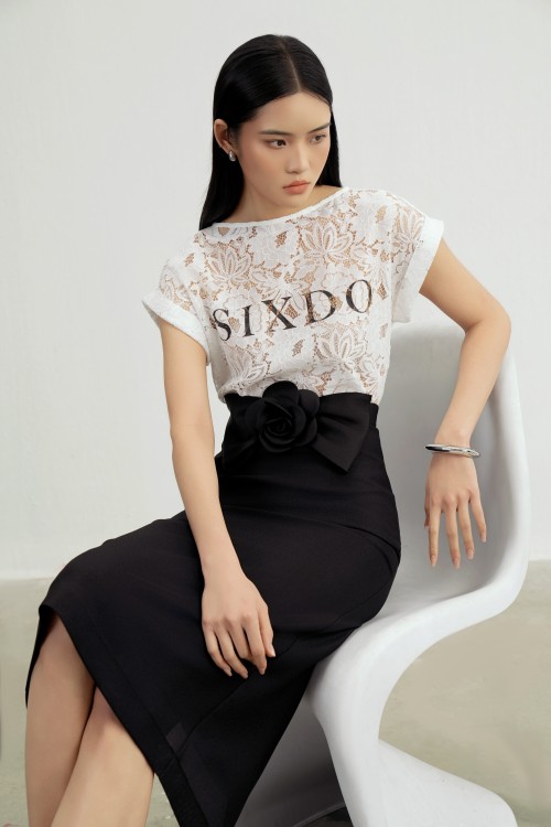 Sixdo Black 3D Flower Woven Pencil Skirt