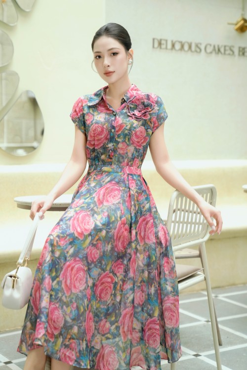 Sixdo Floral Organza Flared Dress With Flower