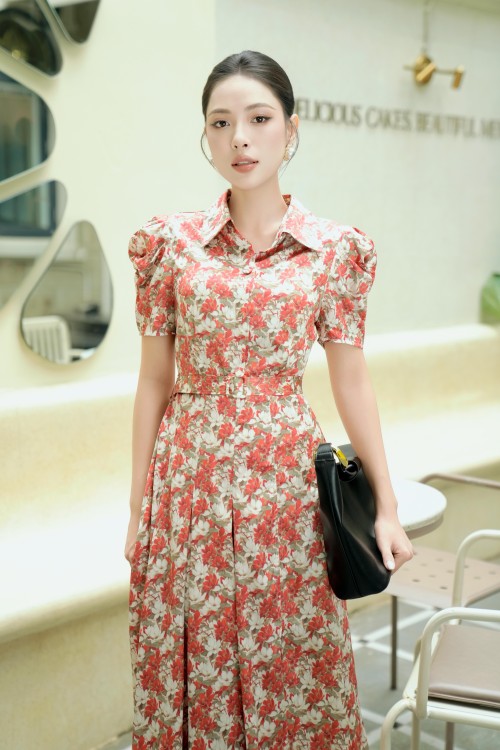 Sixdo Cream Floral Silk Flared Dress