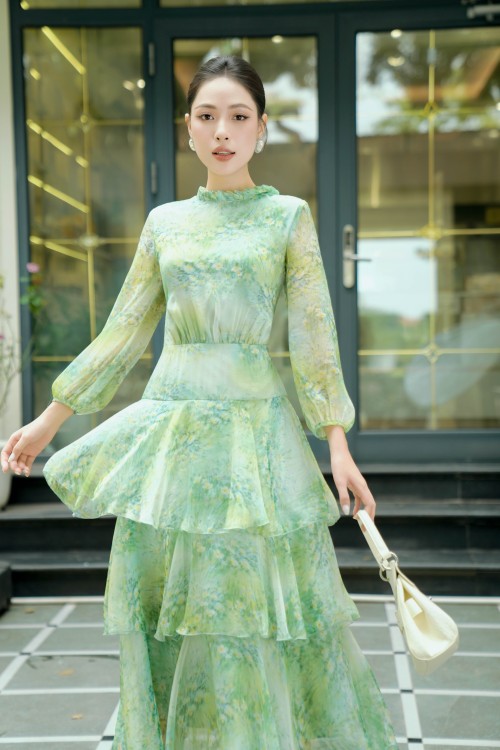 Sixdo Green Floral Voile Flared Dress