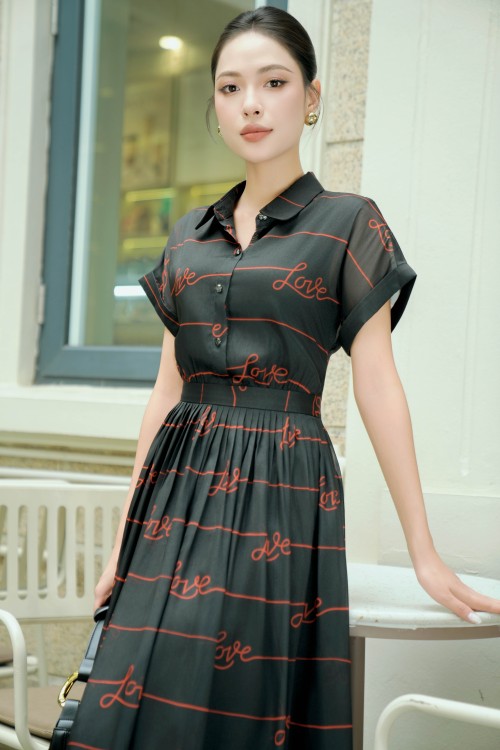 Sixdo Black Organza Flared Dress