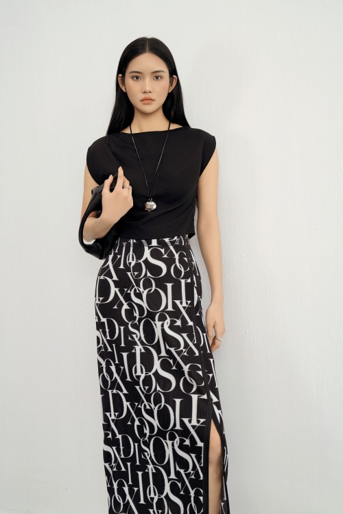 Sixdo Black Print Pattern Woven Loose Skirt