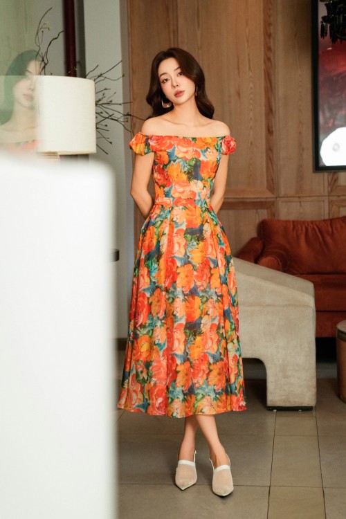 Sixdo Multicolor Organza Flared Dress