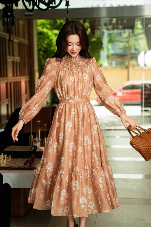 Sixdo Light Brown Floral Organza Flared Dress